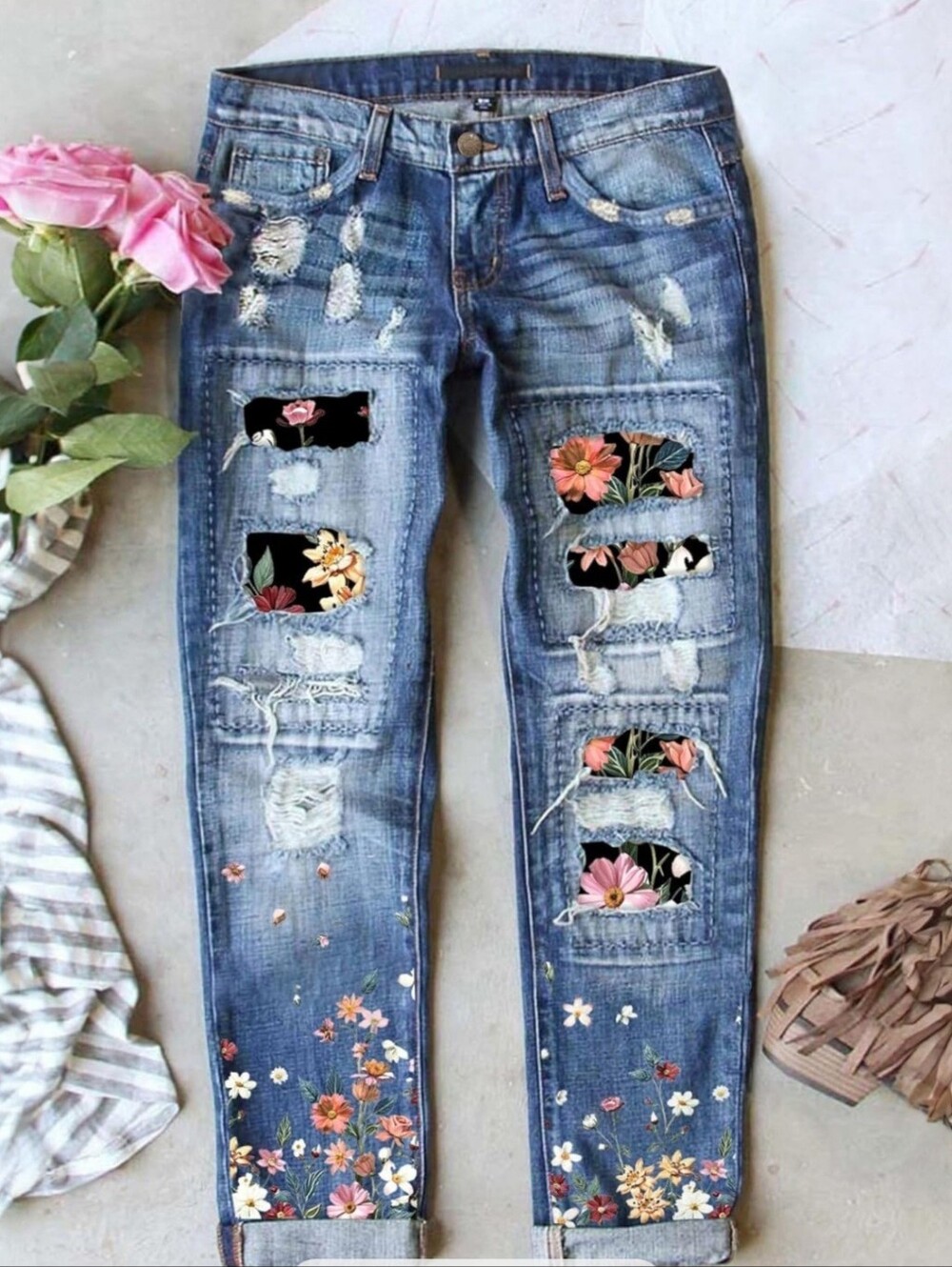 ASTYLISH Floral Patch Distressed Boyfriend Skinny Jeans, Size S BEACH PARTY!